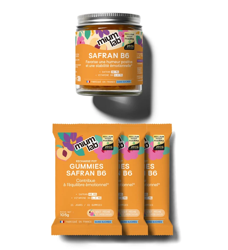 Pack Safran B6 PÊCHE - 1 pot + 3 éco-recharges | Améliore l'humeur et la concentration | 4 x 21 jours