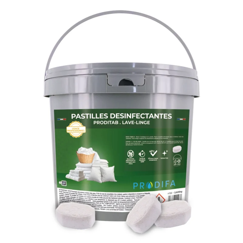 PRODITAB Pastilles Lave-Linge Désinfectantes 21 g – Seau 125 Pastilles