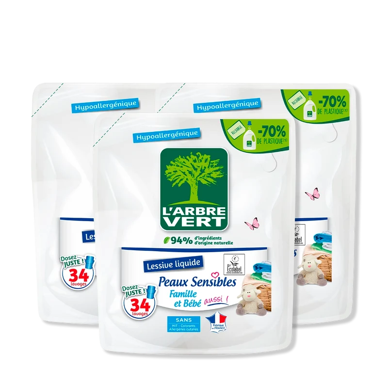 Lot de 3 recharges lessive Peaux sensibles 3 x 1,53L