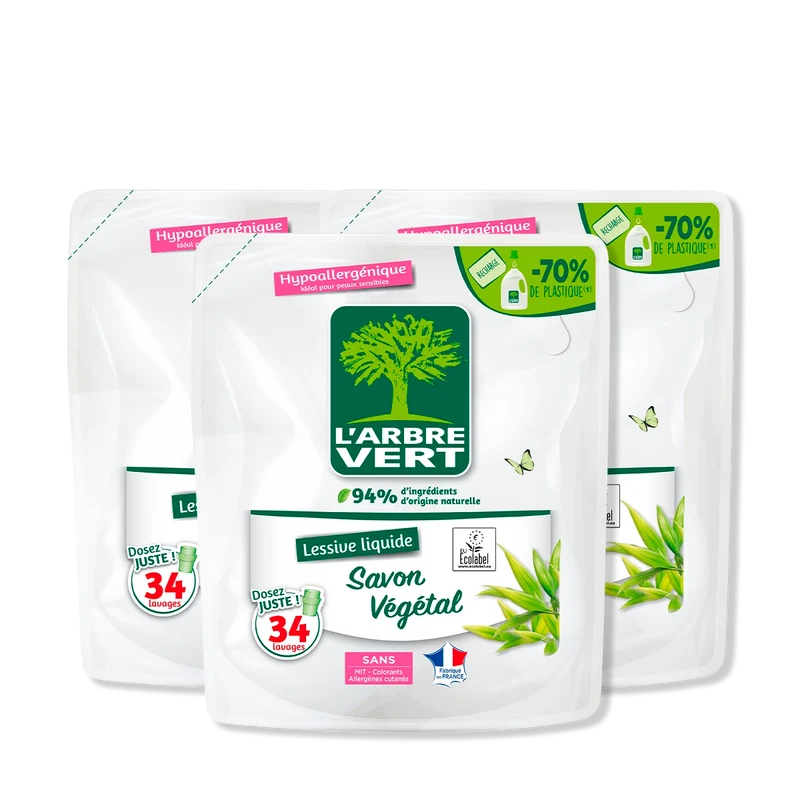 Lot de 3 recharges lessive Savon Végétal 3 x 1,53L