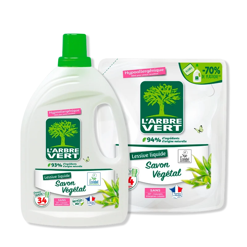 Pack lessive et recharge Savon Végétal 2 x 1,53L