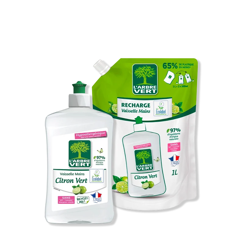 Pack liquide vaisselle et recharge Citron Vert 500 mL + 1L