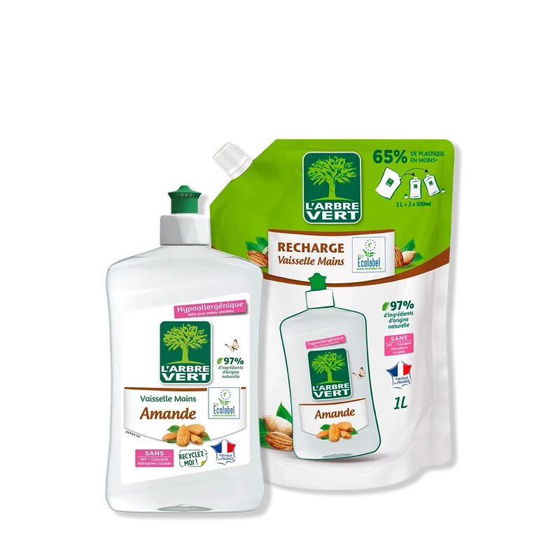 Pack liquide vaisselle et recharge Amande 500 mL + 1L