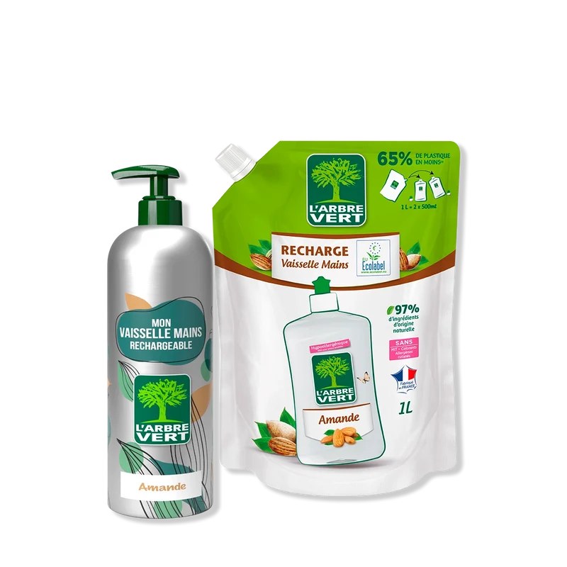 Pack vaisselle mains aluminium et recharge Amande 490 mL + 1L