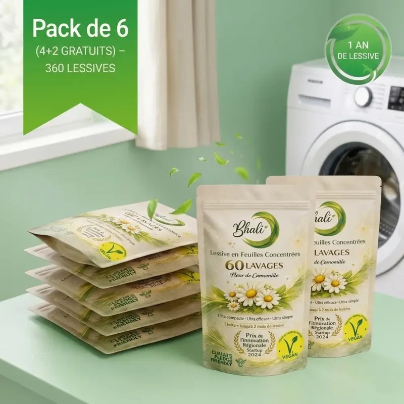 Lessive en Feuilles Bhali – Pack 4+2 Offertes | 360 Lavages Fleur de Camomille