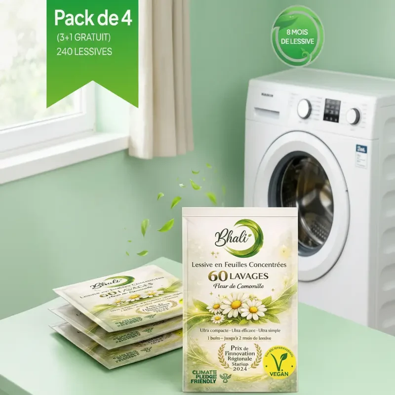 Lessive Peaux sensibles Bhali – Pack 3+1 Offert | 240 Lavages Écologiques Fleur de Camomille
