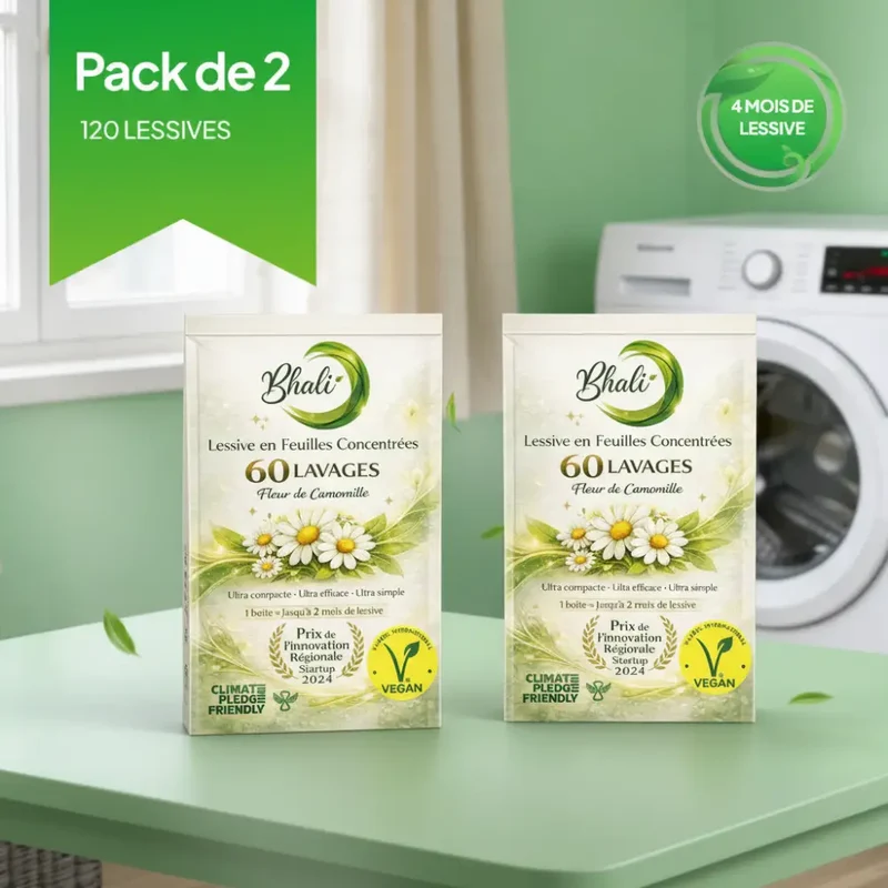 Feuilles de lessive Vegan Bhali – Pack x2 | 120 Lavages Écologiques Fleur de Camomille