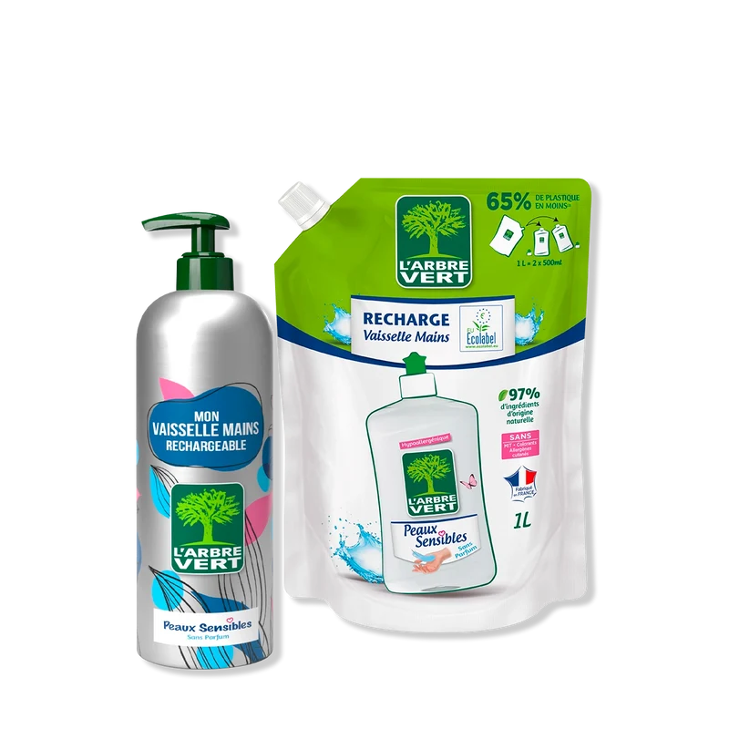 Pack Vaisselle mains aluminium et recharge Peaux sensibles 490 mL + 1L