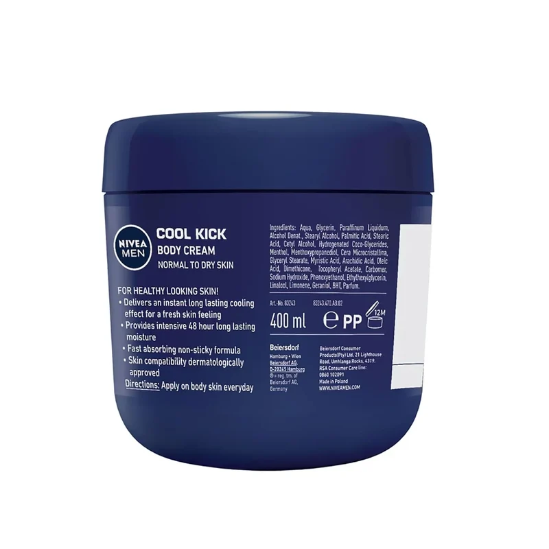 Nivea Men Cool Kick Body Cream 13.5 Fl Oz / 400 mL – Cooling Moisturizing Cream for Men