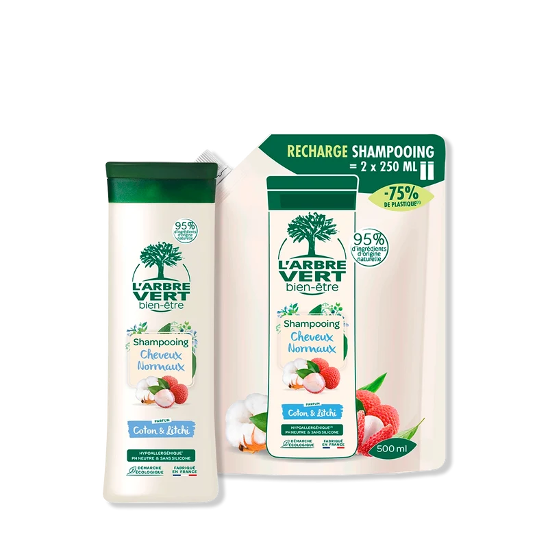 Pack Shampooing et recharge Cheveux Normaux Parfum Coton & Litchi 250 mL + 500 mL
