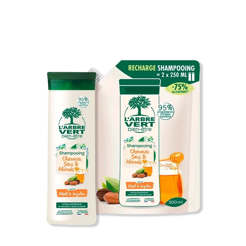 Pack Shampooing et recharge Cheveux Secs et Abîmés Parfum Miel & Jojoba