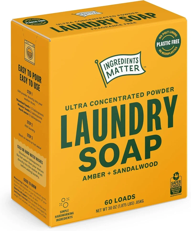 Ingredients Matter Ultra Concentrated Amber + Sandalwood Laundry Soap Powder, 30 oz – 60 Loads, Plastic Free, HE, Vegan