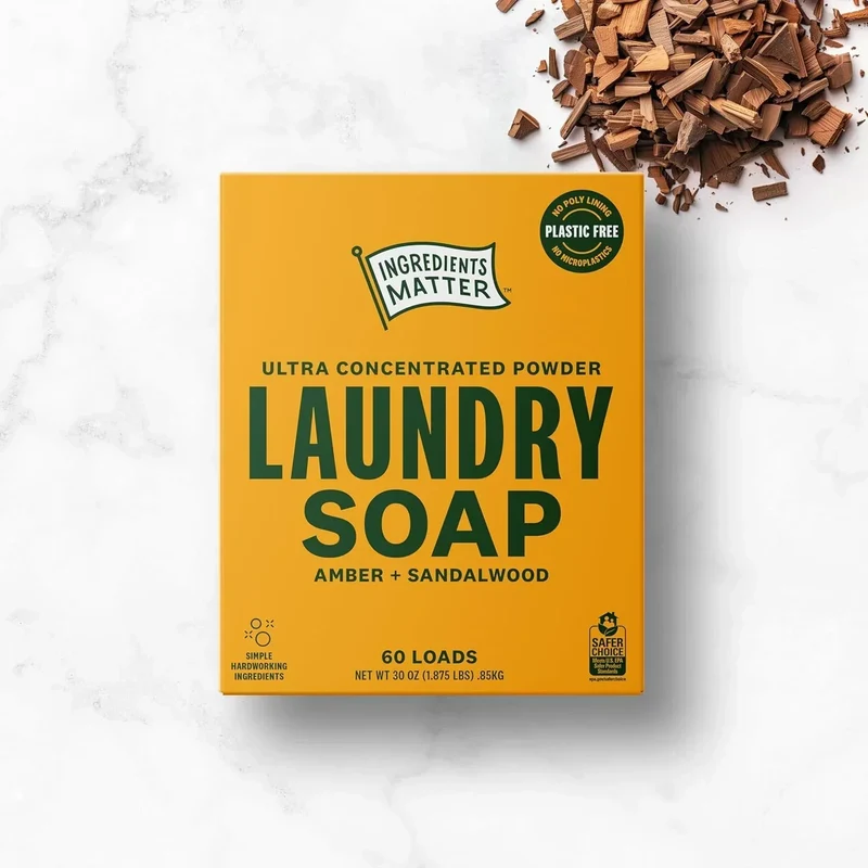 Ingredients Matter Ultra Concentrated Amber + Sandalwood Laundry Soap Powder, 30 oz – 60 Loads, Plastic Free, HE, Vegan