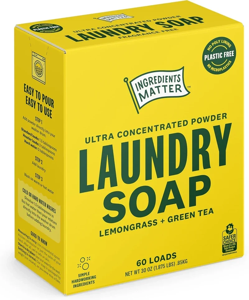 Ingredients Matter Ultra Concentrated Lemongrass Laundry Soap Powder, 30 oz – 30 Loads, HE, Plastic Free, Biodegradable
