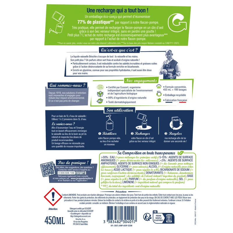 Recharge Liquide Vaisselle Mains Bicarbonate de soude & Citron vert
