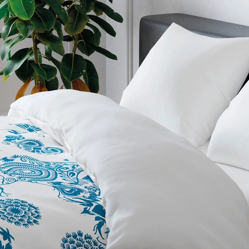 Housse de couette + taie(s) d'oreiller satin de coton - Love stories bleu/blanc