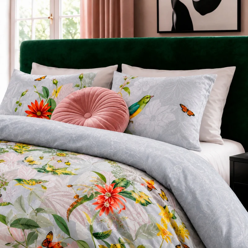 Housse de couette + taie(s) d'oreiller satin de coton - Jardin d'hiver gris perle