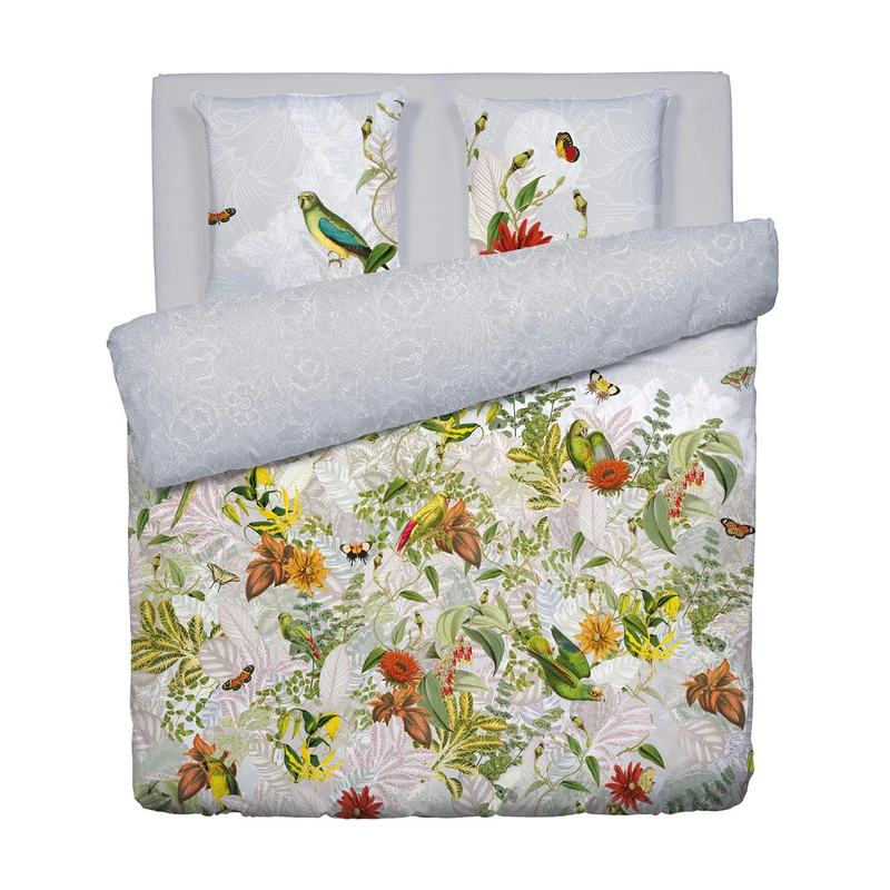 Housse de couette + taie(s) d'oreiller satin de coton - Jardin d'hiver gris perle