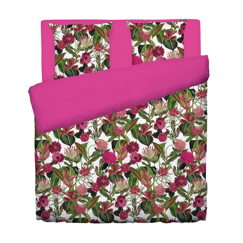 Housse de couette + taie(s) d'oreiller satin de coton - Garden fuchsia