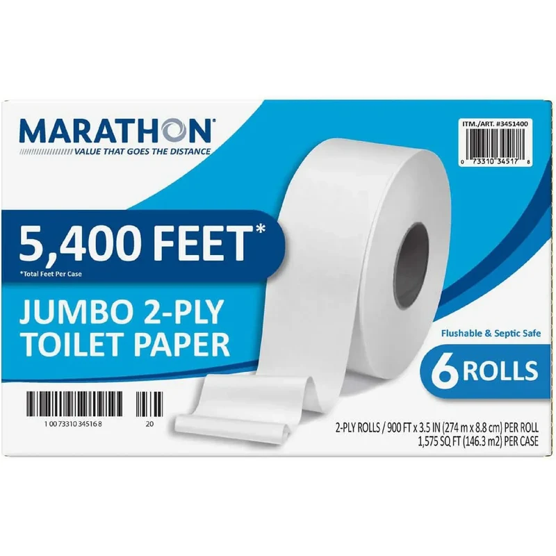 Marathon Jumbo Roll Bath Tissue, 2-Ply, 900 ft Rolls – 6 Rolls