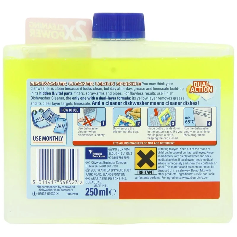 Finish Dual Action Dishwasher Cleaner Lemon Sparkle 250ml – Fights Grease & Limescale