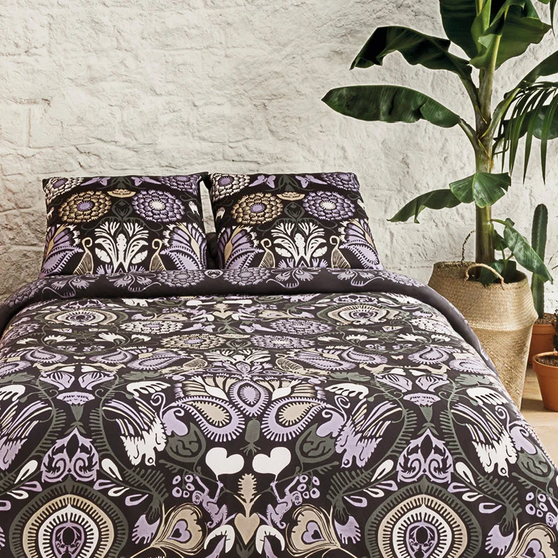Housse de couette + taie(s) d'oreiller satin de coton - Love Stories prune