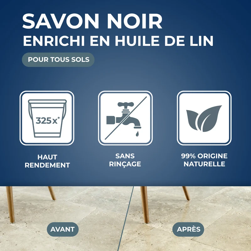 Savon noir à l'huile de lin pour les sols intérieurs