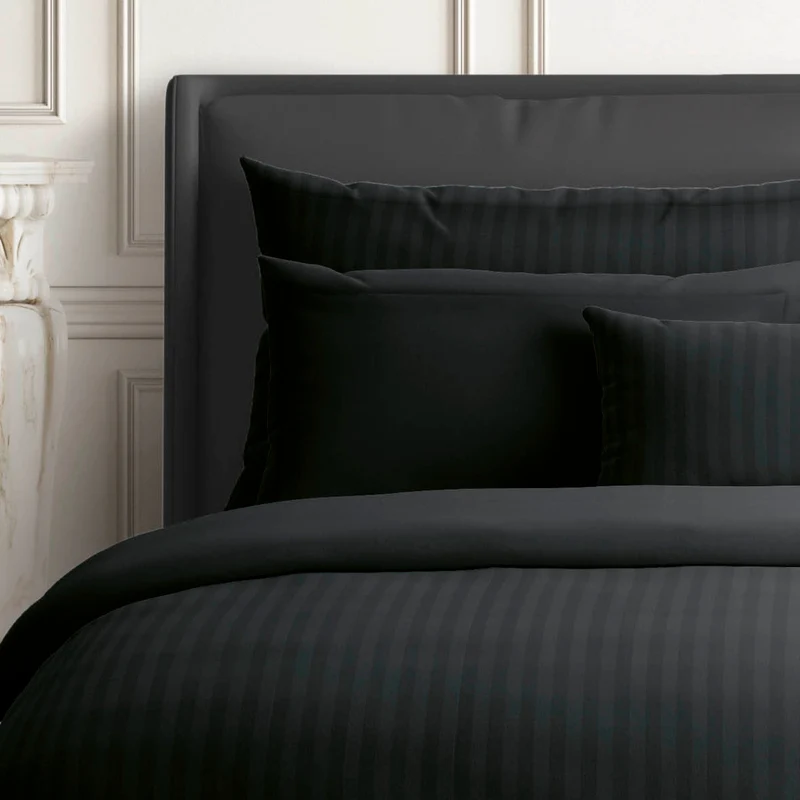 Housse de couette + taie(s) d'oreiller satin de coton rayure tissé dobby - Noir