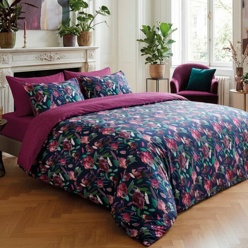 Drap plat satin de coton - Arty flowers bleu foncé