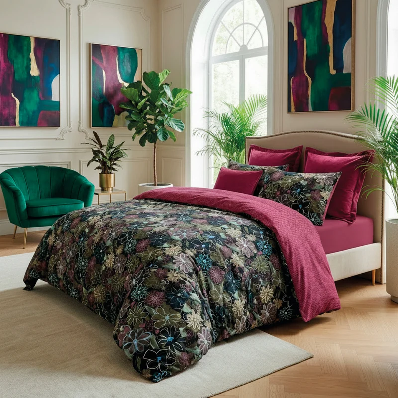 Housse de couette + taie(s) d'oreiller satin de coton - Fleurs pastel noir