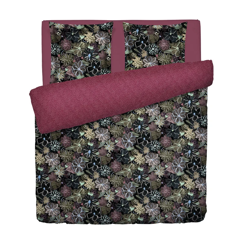 Housse de couette + taie(s) d'oreiller satin de coton - Fleurs pastel noir