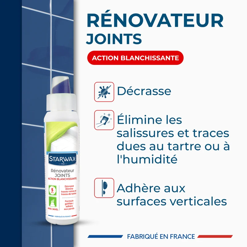 Rénovateur joints - action blanchissante avec Javel - Gel avec brosse intégrée