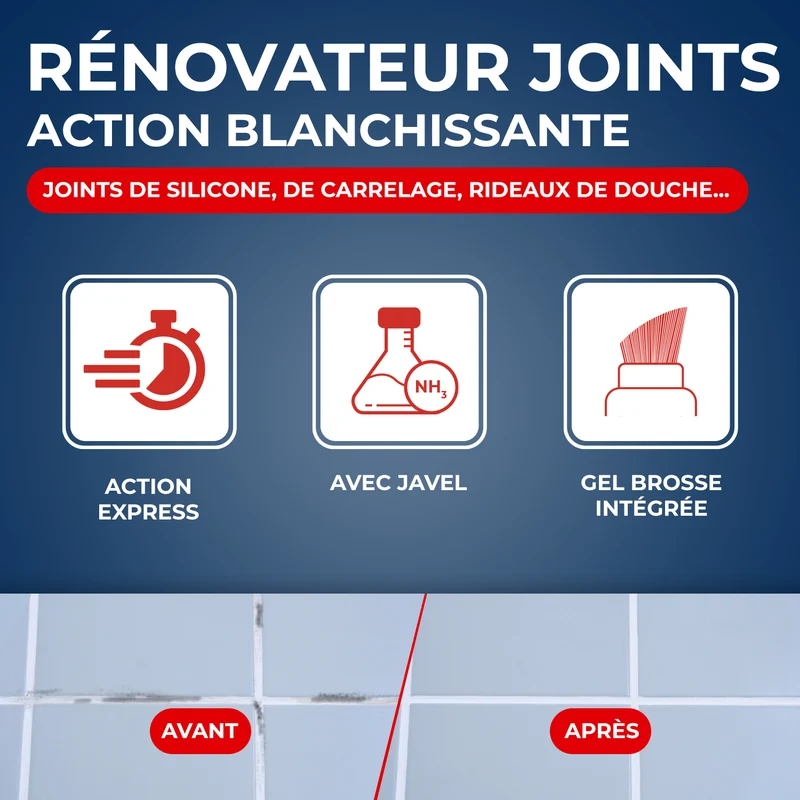 Rénovateur joints - action blanchissante avec Javel - Gel avec brosse intégrée
