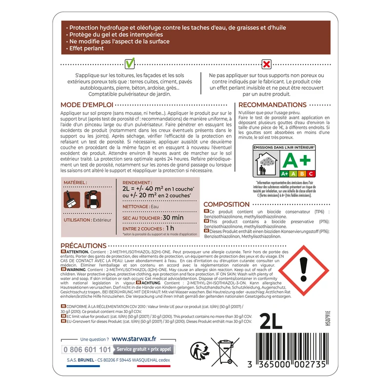 Imperméabilisant eau et graisses pour toitures, murs et sols extérieurs