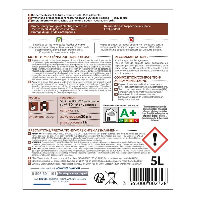 Imperméabilisant eau et graisses pour toitures, murs et sols extérieurs
