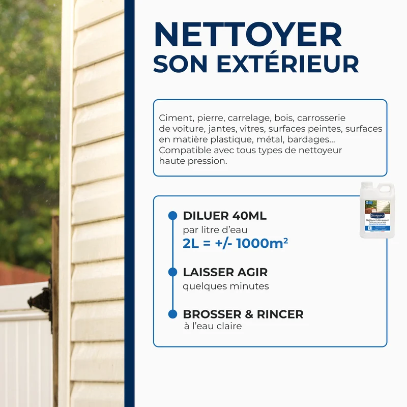 Nettoyant décrassant pour toitures, murs, et sols extérieurs