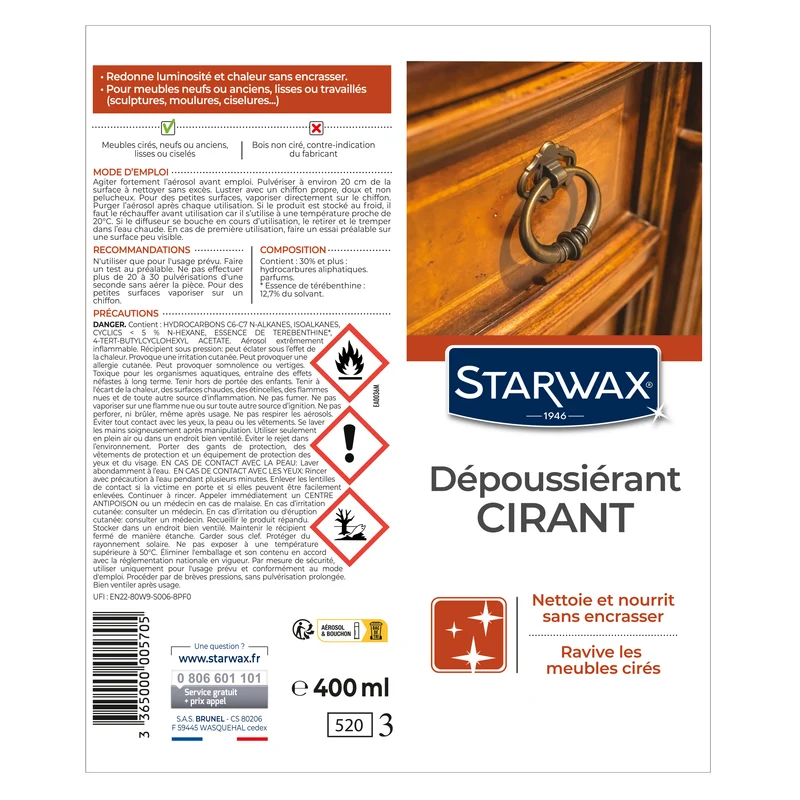 Nettoyant dépoussiérant cirant pour mobilier intérieur