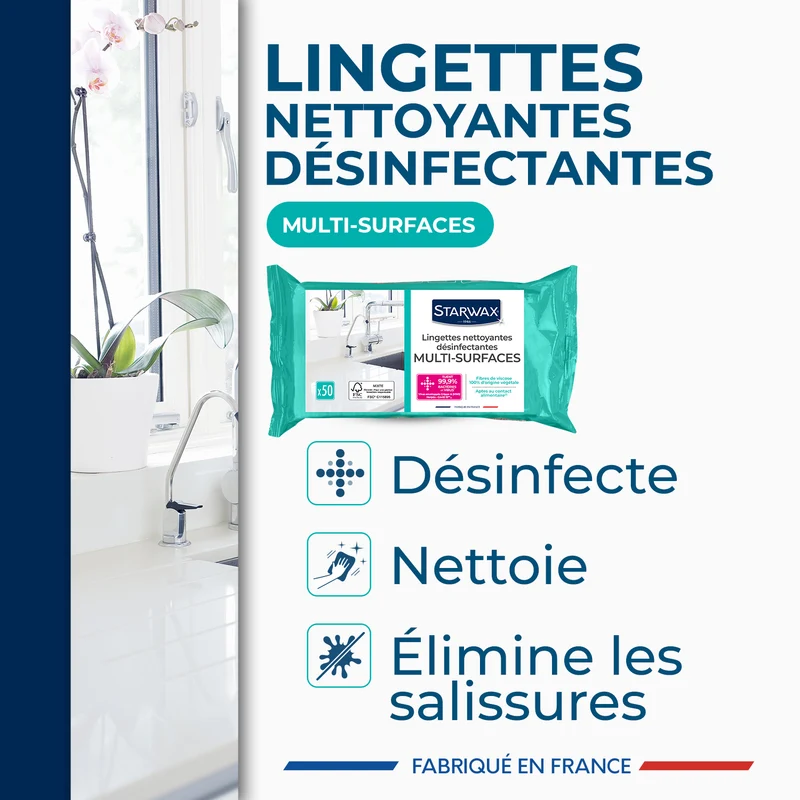 Lingettes nettoyantes désinfectantes multi-surfaces