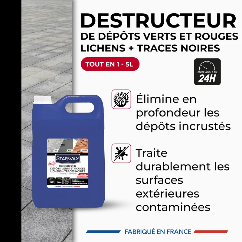 Destructeur de dépôts verts, rouges, lichens et traces noires prêt à l'emploi pour toitures, murs et sols extérieurs