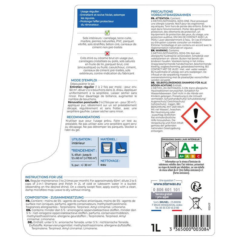 Shampooing autolustrant pour sols intérieurs