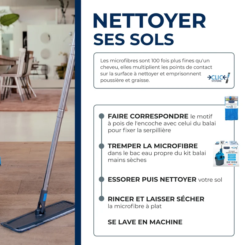 Microfibre balai Mains sèches Clic système
