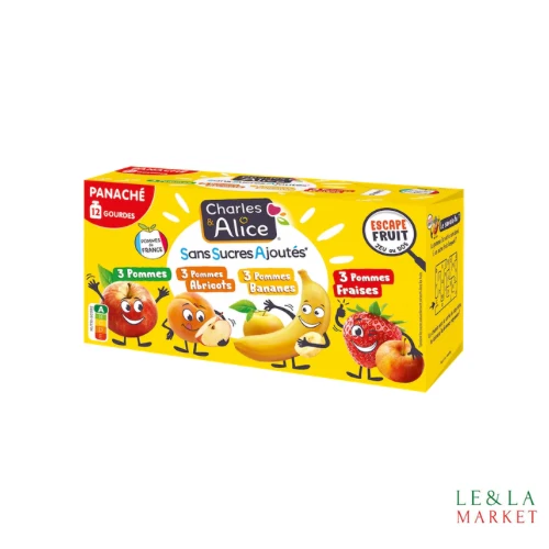 Panaché gourdes pommes, p-abricots, p-bananes, p-fraises Charles&Alice 12x90g